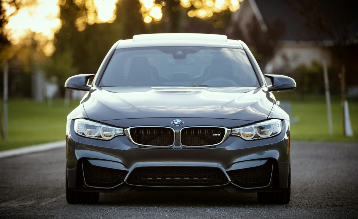 black BMW car surrounded by grass field