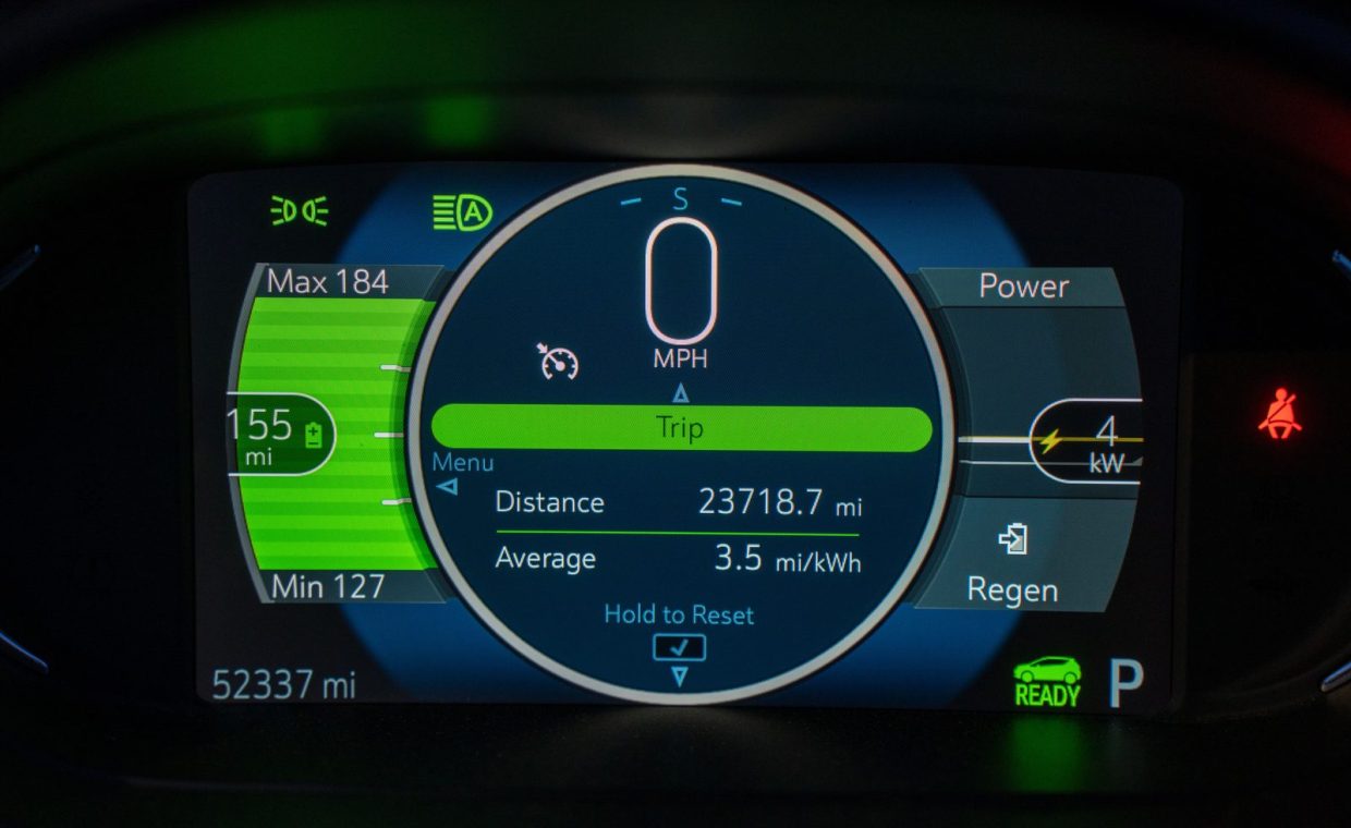 Detailed view of an electric vehicle's dashboard showing speed, battery range, and power metrics.